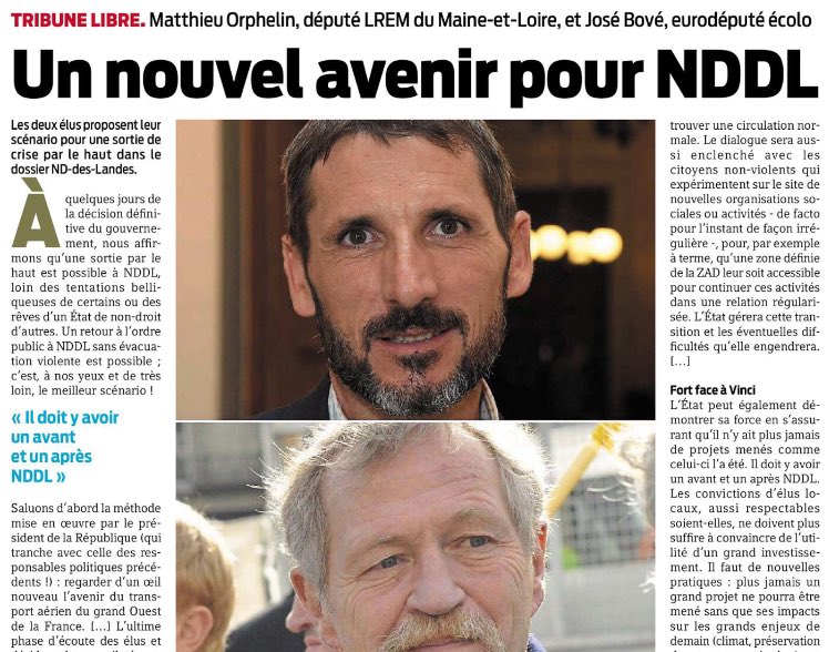 Hey @presseocean une pleine page sera t elle disponible pour répondre à José Bové et @M_Orphelin qui préconisent une gouvernance intégrant les ZADistes sur #NDDL?