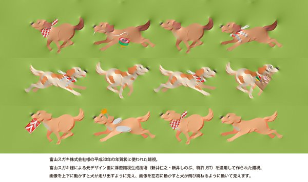 錯視の科学館 富山スガキ株式会社様の今年の年賀状の錯視 画像を上下に動かすと犬が走り出すように見え 画像を左右に動かすと犬が飛び跳ねるように動いて見えます 富山スガキ様による元デザイン画に浮遊錯視生成技術 新井仁之 新井しのぶ を適用して