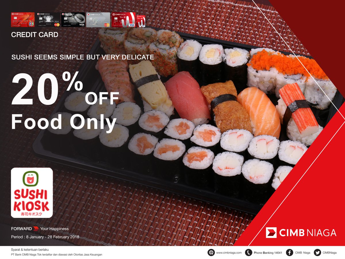 Hai Happy Monday! 
Ayo segera nikmati promo menarik dari CIMB NIAGA.
Dapatkan  discount 20% untuk semua menu food dengan minimum transaksi Rp 200.000  (sebelum pajak) dan maksimum transaksi Rp 1.000.000 (sebelum pajak) 
Periode 8 January - 28 February 2018
Other T&amp;C Apply.