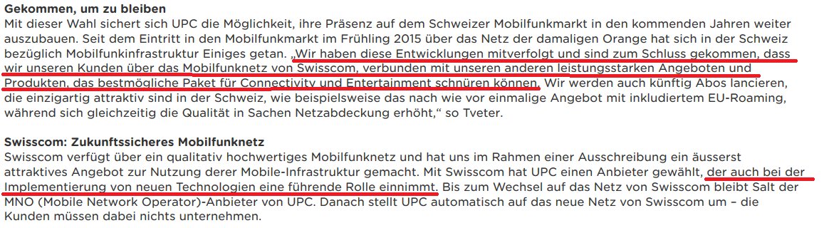 ralfbeyeler's tweet photo. Das Jahr fängt mit einer grossen Überraschung an. @UPC_Switzerland wird ab 2019 auf das Netz von @Swisscom_de setzen. Bisher: @SaltMobile_DE

Zwar etwas diplomatisch formuliert, doch die Unzufriedenheit von UPC über das Salt-Netz kommt meiner Meinung nach klar zum Ausdruck. https://t.co/8gvOD2QDWn