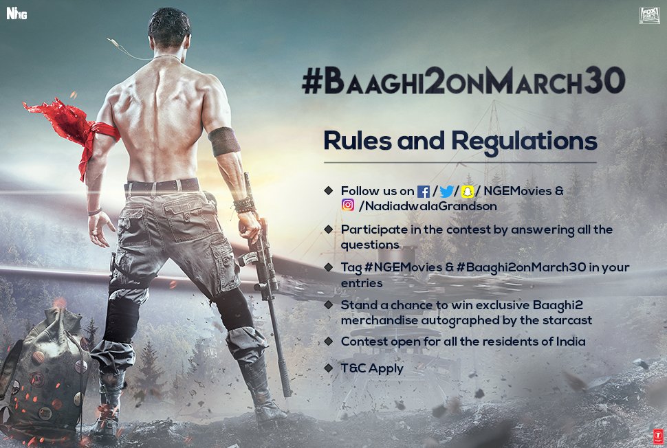 NGEMovies's tweet photo. Follow these simple rules &amp; brace yourselves to #BeARebel for an action-packed contest! T&amp;C on https://t.co/crPu0fWScH.

#NGEMovies #Baaghi2onMarch30 @iTIGERSHROFF @DishPatani #SajidNadiadwala @khan_ahmedasas https://t.co/gGpRKA1JBZ