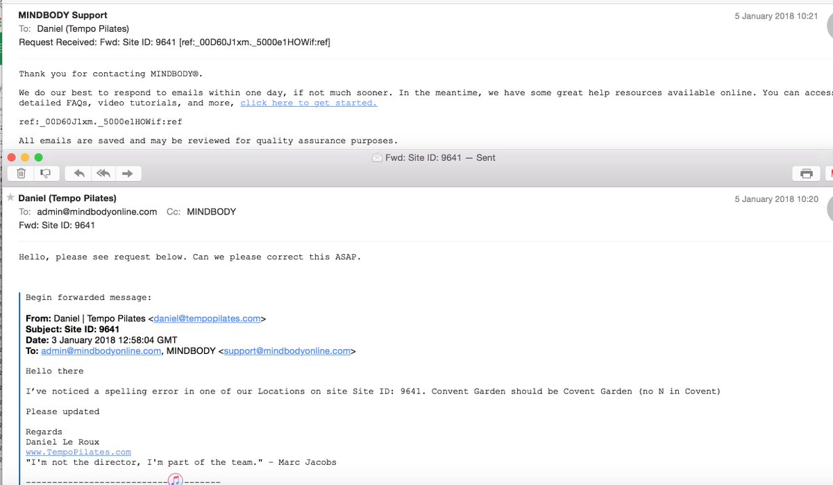 tempo_301's tweet photo. @mindbodyonline FYI 2 emails and both received an auto email saying "respond to emails within one day" Fixing your broken support system would be appreciated. https://t.co/C8v1ETImUs