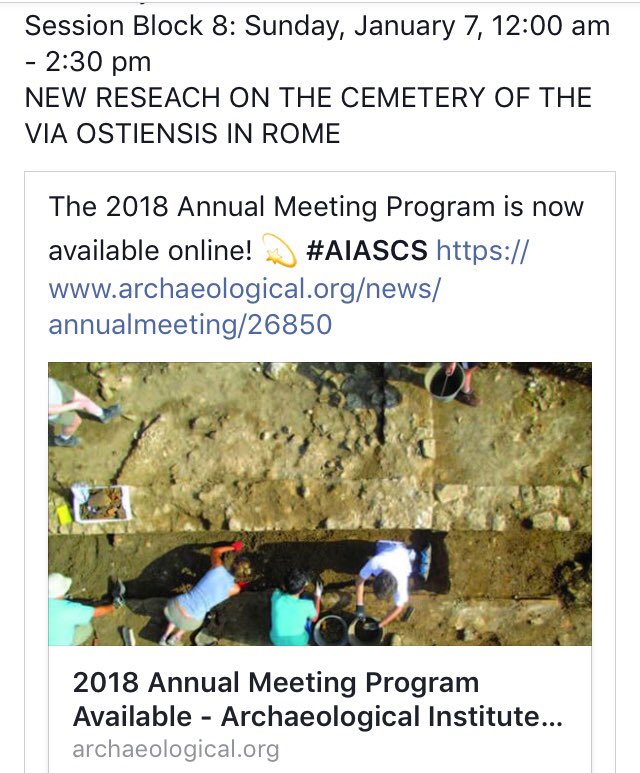 LlorAlapont's tweet photo. Our research project @romebioarchaelogy at 2018 AIA Annual Meeting in Boston, Massachusetts, January 4–7 2018 AIA “New Research on the Cemetery of the Via Ostiensis in Rome” #aiascs #AIASCS2018 @archaeology_aia @SoprArcheologia @CDLVALENCIACAST @Master_Antropo https://t.co/VzQIn4opH8