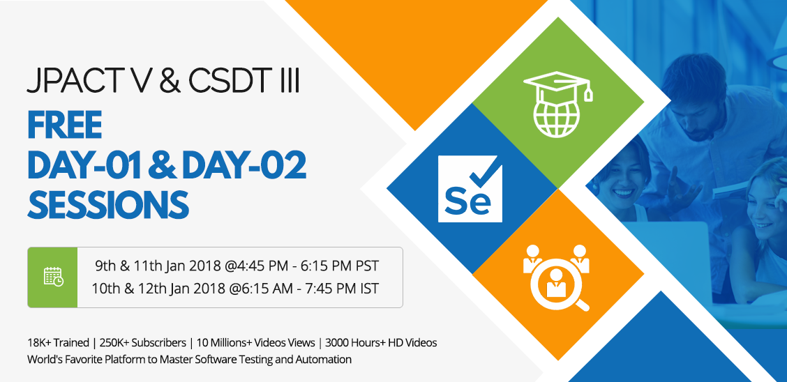 ITeLearn's tweet photo. Join #itelearn #Testingtools Training that will help to upgrade #knowledge and #skills to become successful in #softwaretesting.
Timings : 9th & 11th Jan 2018 @4:45 PM - 6:15 PM PST / 10th & 12th Jan 2018 @6:15 AM - 7:45 PM IST
Register here: https://t.co/xLUqSySQaK https://t.co/oDKX4CghG1