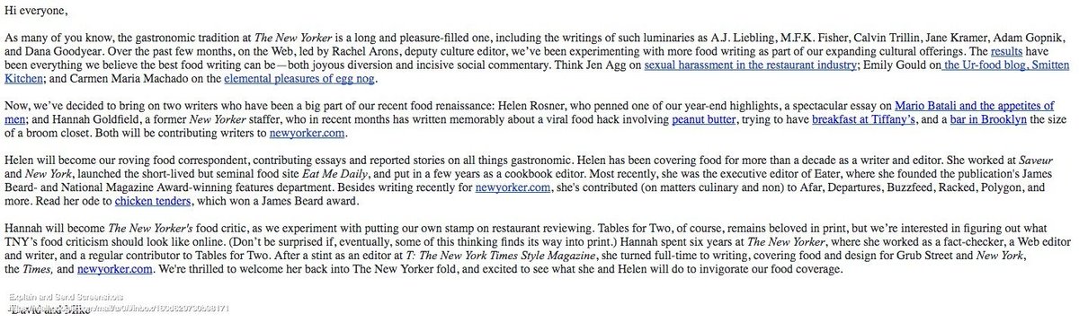 michaelluo's tweet image. .@newyorker now has a food department! @hels joining as roving food correspondent; @hannahgoldfield becoming our food critic. Welcome to both. Stand by for plenty of delicious writing.