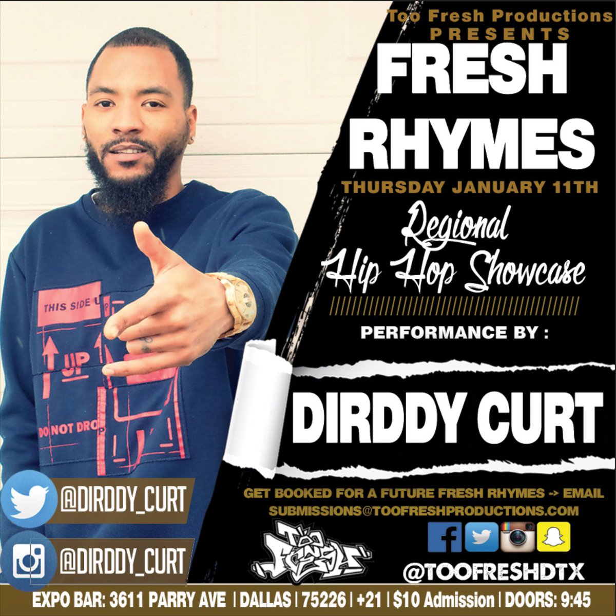 _LeoJ_'s tweet photo. Catch @dirddy_CURT at #FreshRhymes Thursday at @ExpoBarDallas + more. #NowBooking for Feb 8th, 2018. Shoot us an email to submissions@toofreshproductions.com to lock in a slot! #DallasHipHop #DFWHipHop #DallasRaps #DFWRaps #DallasMusic https://t.co/ktVIGChPKv