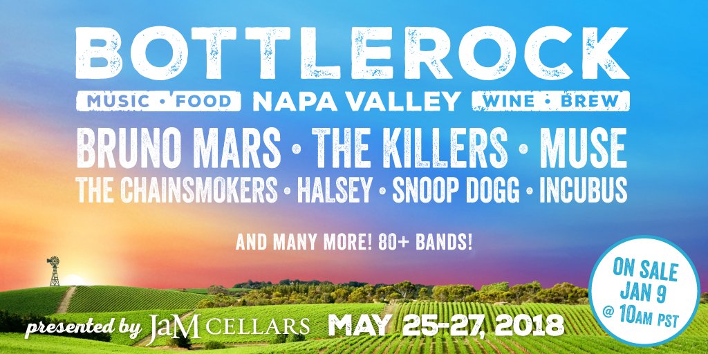 BottleRock Napa (@bottlerocknapa) on Twitter photo The 2018 lineup is here! 🎉 We can't wait to see <a href="/BrunoMars/">Bruno Mars</a>, <a href="/thekillers/">The Killers</a>, <a href="/muse/">muse</a>, and 80+ other bands this May! Tickets on sale TMRW 1/9 at 10am! The 2018 lineup is here! 🎉 We can't wait to see <a href="/BrunoMars/">Bruno Mars</a>, <a href="/thekillers/">The Killers</a>, <a href="/muse/">muse</a>, and 80+ other bands this May! Tickets on sale TMRW 1/9 at 10am!