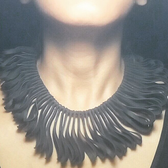 Sneak peak: New season creation. Bold, Statement and Contemporary inner tube necklace. Bringing #upcycling to a new dimension. 
#paguroupcycle #innertube #handmade #handmadejewelry #upcycledjewelry #recycle #statement #artpiece #ecofriendly #veganfashion #fashion #fashionblogger