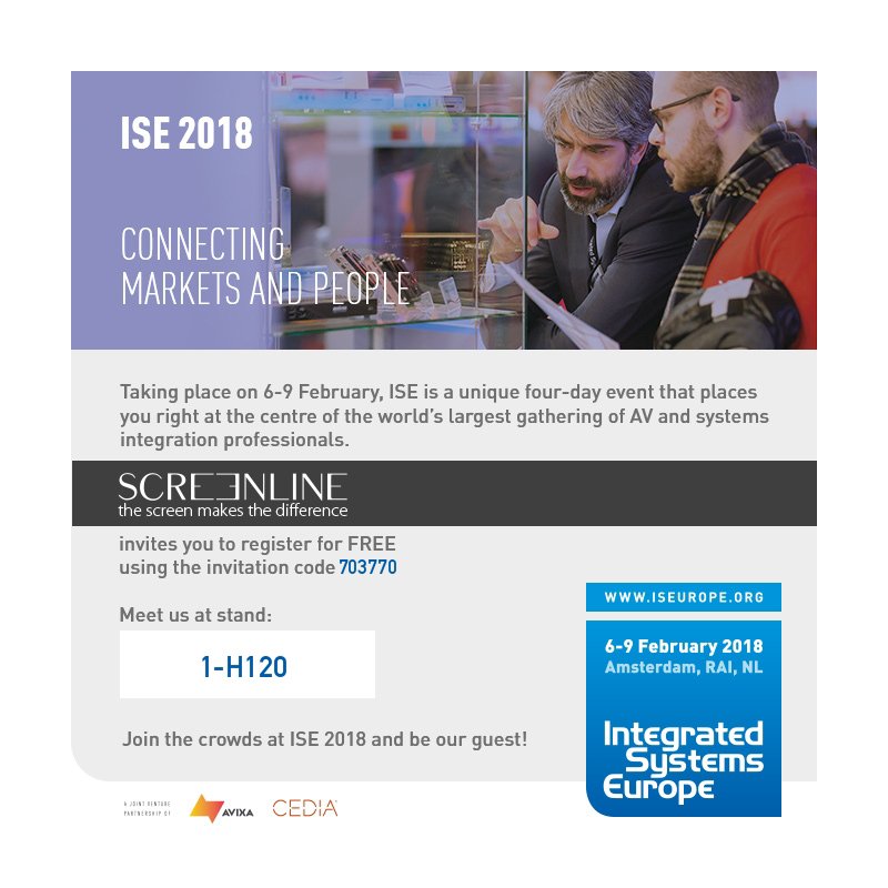 ScreenLineSrl's tweet image. ➡️➡️ ISE 2018

Come to visit our stand and discover the news of our catalog 2018:

• Range Large Venue
• Transparent LED Display.

Register and enter free with our code: 703770
registration.n200.com/survey/3srg0gf…