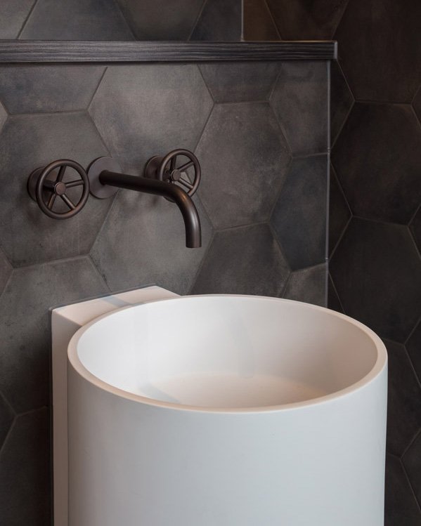 Shades of warm grey | Our Brooklyn basin tap in Charcoal. Interior design &amp; Architecture: <a href="/gpad_london/">GPAD</a> #industrialdecor #homestyling #bathroomdesign