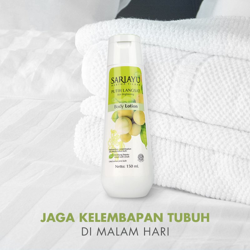 Sariayu_MT's tweet photo. Nggak hanya kulit wajah yang harus diperhatikan, menjaga kelembaban kulit tubuh juga penting. Jadi, jangan lupa rawat tubuhmu dengan Sariayu #PutihLangsat Body Lotion ya! https://t.co/s1x4S0yrU9