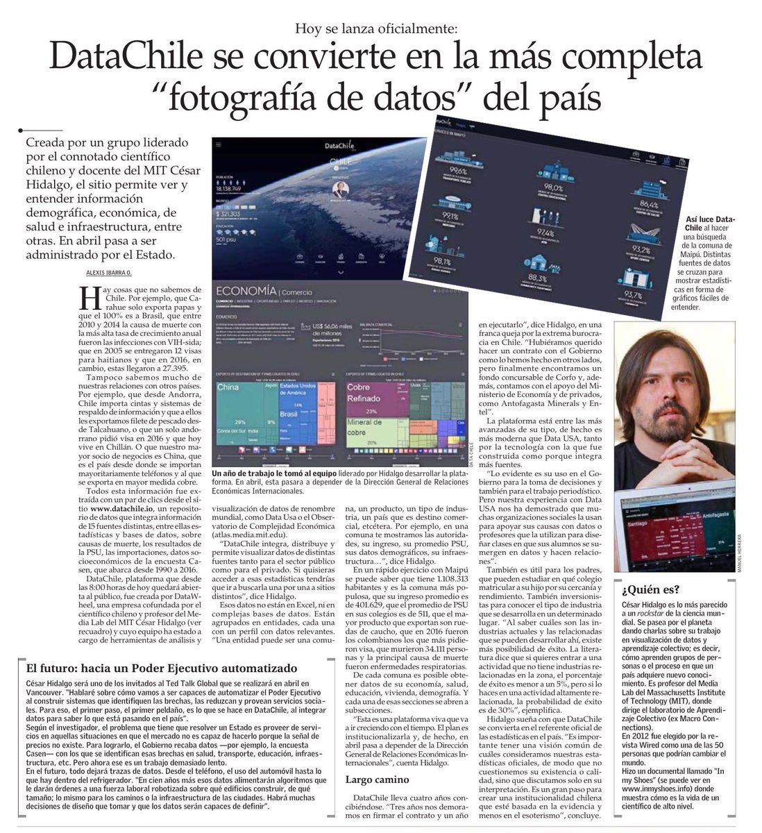 EsPublicoCL's tweet photo. ⚠️Hoy nuestro director César Hidalgo ( @cesifoti ) lanza @datachile_io la más grande “fotografía de datos” del país. #DataChile #BigData https://t.co/tvizKZLCpZ