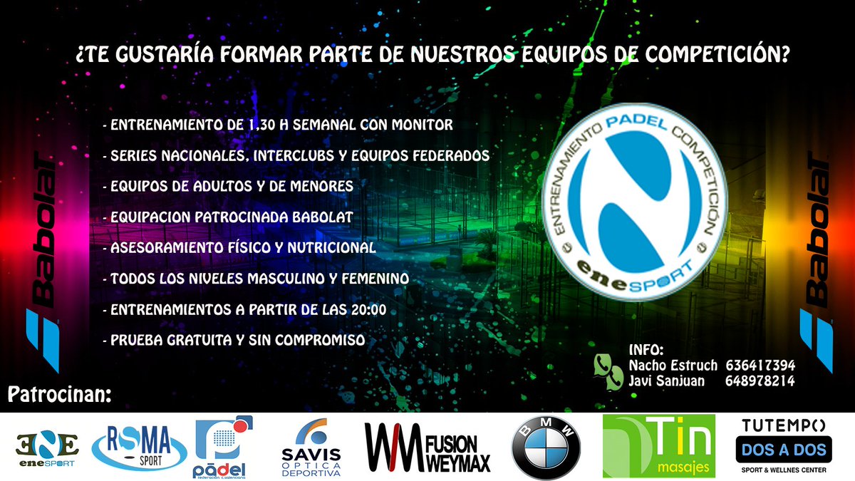 Si te corre el #pádel por las venas este es tu Equipo de Competición by <a href="/enesportpadel/">nsportpadel</a> ✔ Entrenamiento de 1,30 h. semana con monitor
✔ Series Nacionales, Interclubes y Equipos Federados ✔ Equipos de Adultos y Federados ✔ Equipación patrocinada por <a href="/babolatpadel/">Babolat Padel</a>
✔ Asesora...