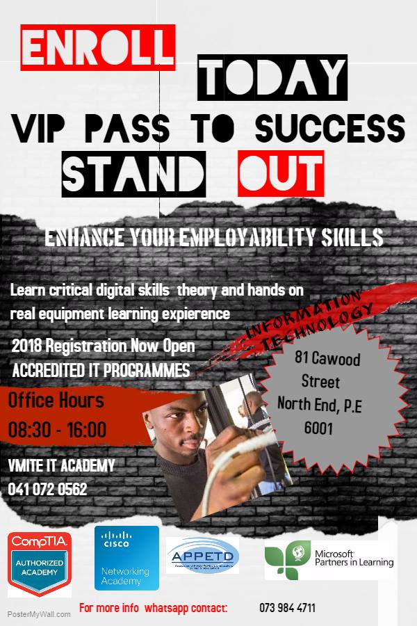 VMITE1's tweet image. Start your IT career by registering for our vendor accredited programs @ #Vmite, Classes commence February 2018. Contact us today for more info 073 948 4711