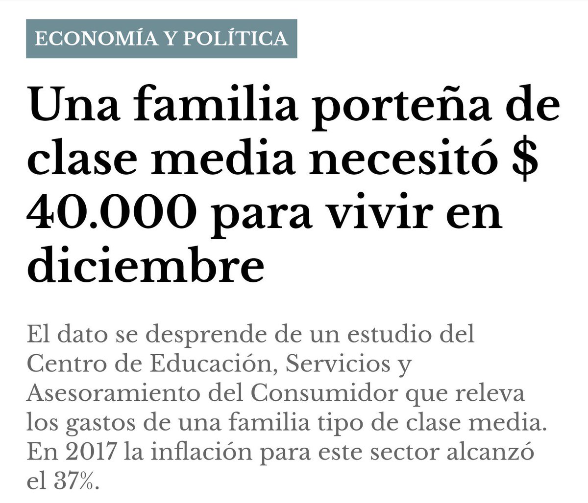 EdgardoRovira's tweet photo. Un familia porteña de clase media necesitó $40.000 para vivir en diciembre 2017. Pensar que falta agregar la inflación de enero y todos los aumentos de febrero para saber en cuánto estamos realmente. Pero desde el gobierno de Macri y el Indec de Todesca dicen que bajó la pobreza. https://t.co/z7sHDHpsnX