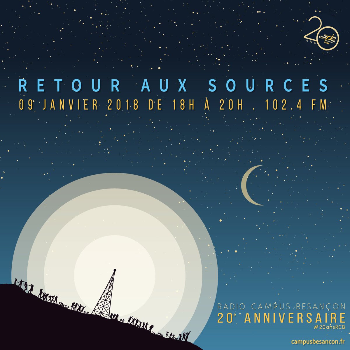 RadioCampusBesa's tweet photo. Demain 18h, rafraîchis toi les oreilles avec une émission 100% freestyle Retour aux Sources pour débuter les 20 ans de la radio #20ansRCB #anniversaire #lecommencement https://t.co/FsMQNW2sFS