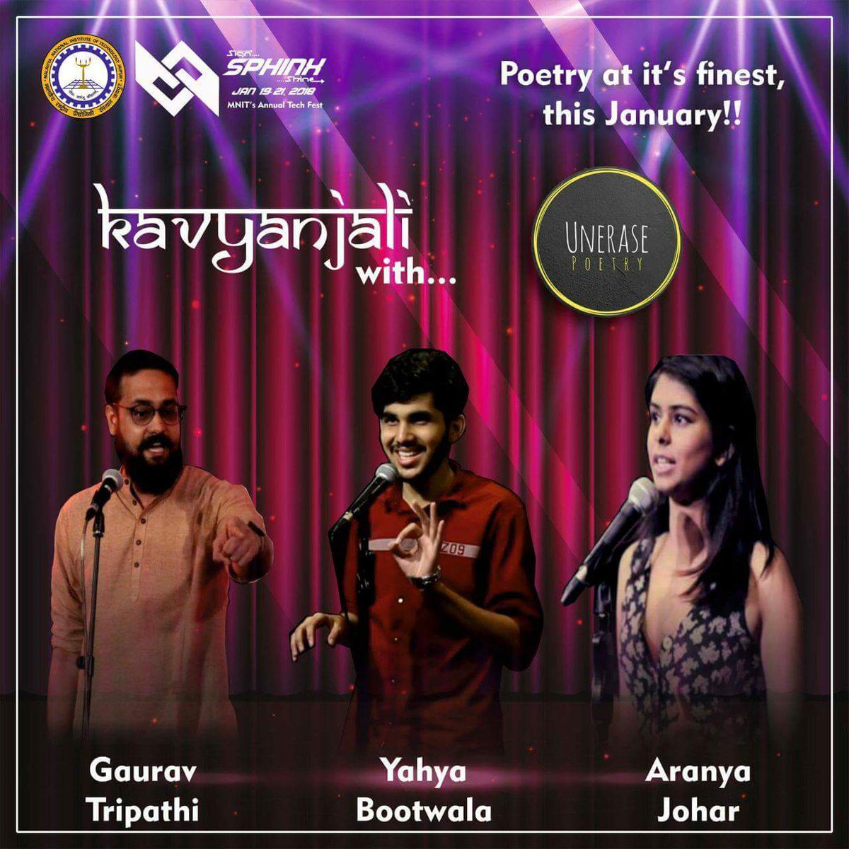 sphinx_mnit's tweet photo. Poetry is not only associated with flowers, love and heartbreaks. The shorter, novel and exciting version of poetry will enthral for sure. 

Come witness Poetry at it's finest with Unerase poetry this January at Kavyanjali.
Register now at https://t.co/YZ3WH0qf8M https://t.co/Cd7ryE3e9P