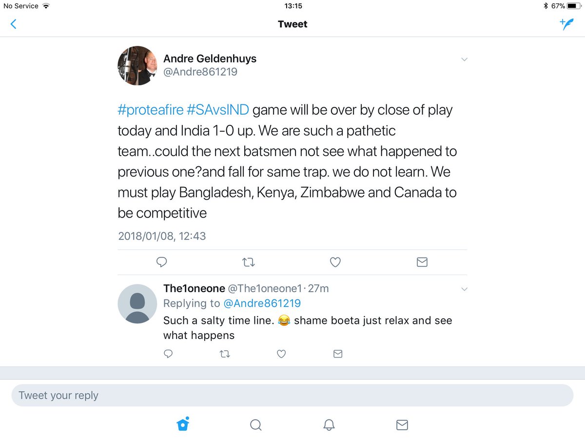 KosieDirk's tweet photo. @Andre861219 #TheCouchCoach 😂😂 No apology to @faf1307 ? @The1oneone1 Well played @OfficialProteas #SAvIND #Affieguts https://t.co/moXPG12C2X