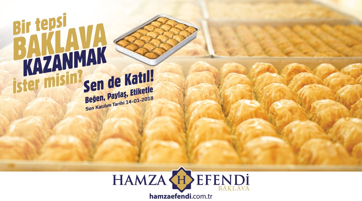 hamzaefendicom's tweet photo. Bir tepsi BAKLAVA KAZANMAK ister misin?
Hesabımızı TAKİP ET.
En yakın 3 arkadaşını yorumda ETİKETLE.
Bu gönderiyi RT FAV yap.
Bir tepsi #baklava kazanan 3 kişiden biri olmaya hak kazan.
https://t.co/uYG6JrGJ6V 
#HamzaEfendi #TurkishBaklava #TurkishSweets #حلويات #بقلاو https://t.co/mJ9qFYX4Kt