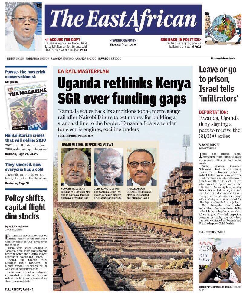 <a href="/The_EastAfrican/">The EastAfrican</a> story ‘Uganda rethinks Kenya SGR over funding gaps’ is misleading &amp; has many inaccuracies. It’s a total misrepresentation of the outcomes of the meeting of HEs <a href="/KagutaMuseveni/">Yoweri K Museveni</a> <a href="/UKenyatta/">Uhuru Kenyatta</a> on 19th Dec ‘17 which directed faster implementation of SGR! We’re on course