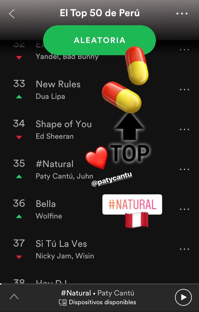 PatyCantu_Peru's tweet photo. En el #top50spotify 🇵🇪 Perú, #Natural 💊 de @patycantu sube al puesto 35 😱😍👏🏼👏🏼

#unbelievable #hitdelverano #single #musicaurbana #patycantu #droganatural #musicdealer @Spotify @UniversalMPeru https://t.co/eYwZjmn7U7