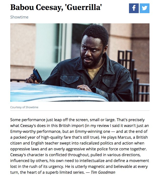 Oxford_Drama's tweet photo. The Hollywood Reporter @THR rates @BabouCeesay's performance in #Guerilla as one of top 10 performances of 2017

"He is utterly magnetic and believable at every turn"

https://t.co/cWWfDqO4Qh https://t.co/fCvigFwkpT