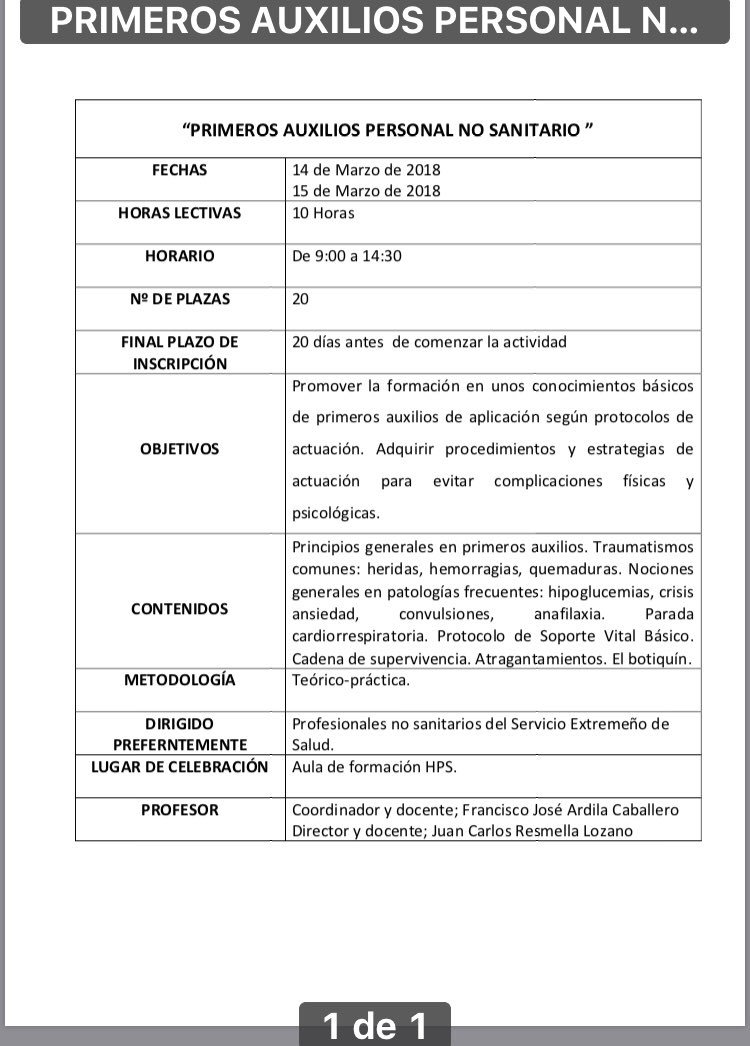 Curso de primeros auxilios para personal no sanitario en el area de Salud de Badajoz, inscripciones en: 
formacionareasaludbadajoz.es