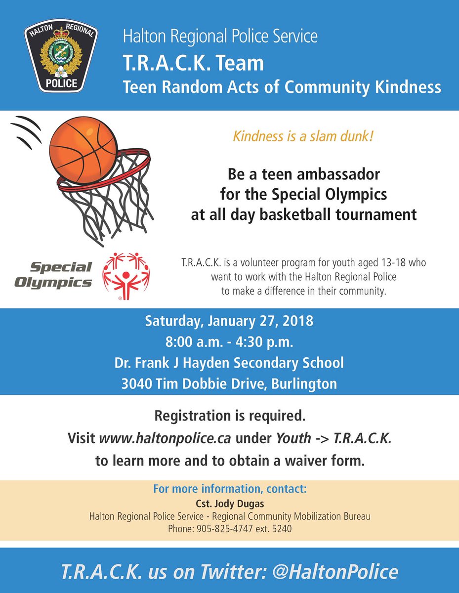 HaltonPolice's tweet photo. Are you a teen looking to give back to your community? 

Join our T.R.A.C.K. team for an opportunity to be a teen ambassador for the Special Olympics at an all-day basketball tournament on Jan. 27.

🏀 + 🏃🏻‍♀️ + 🏃🏾 + 👮🏻‍♀️ = 🙌🏼

Details: https://t.co/HLn0rz3gJf  ^jh https://t.co/PeXcnVGUSA