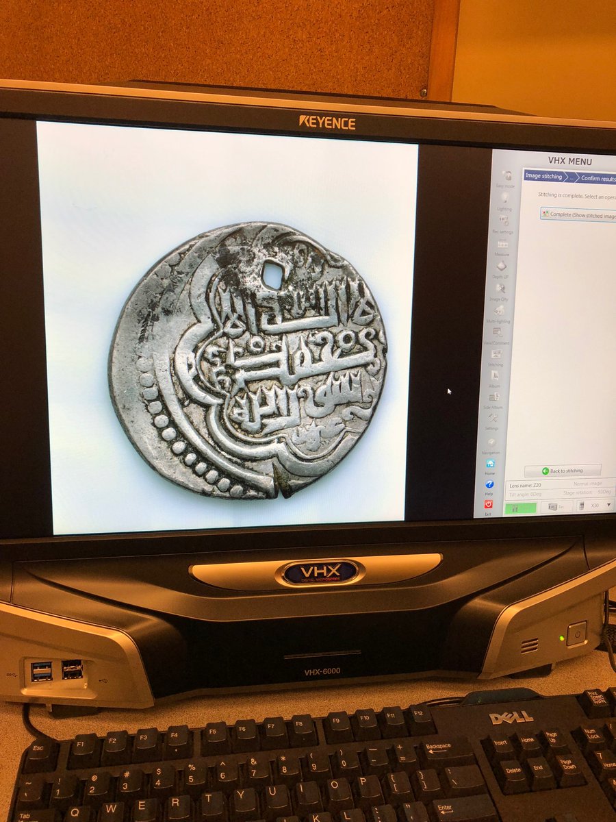 RBJMason's tweet photo. A #silver double #dirham Minted in #Tabriz of the #Ilkhanid #Mongol ruler of #Iran Bahadur (r. 1329-33AD). The new #microscope enables us to do useful research & also take pics to put on the online objects database! #romdigital @romtoronto #coins #microscopemonday #moneymonday https://t.co/HwtyYkaQPU