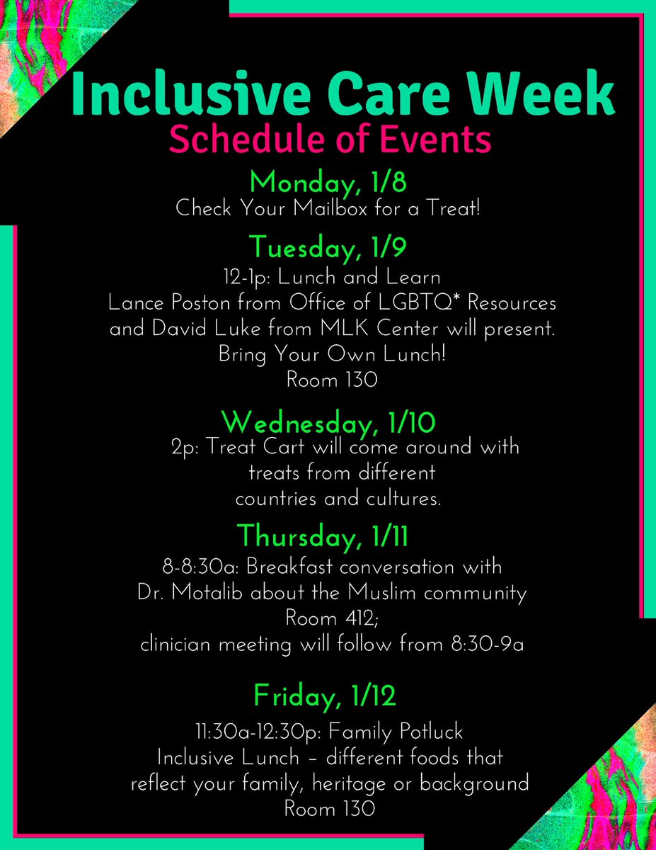 UHSPaws's tweet photo. We are excited to kick off the #NewYear with our UHS Staff #InclusiveCareWeek Events! Thanks to our UHS Inclusive Care Committee for organizing this! #SeeBlue #SeeInculsion @ukylgbtq @UK_MLKCenter @universityofky  ❤️💙💚💛🧡💜🖤 https://t.co/xmDinoojdC