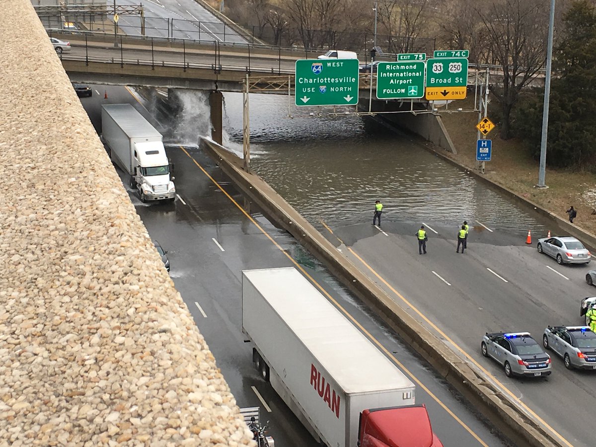 AshleyMonfort's tweet photo. Our @NBC12 photojournalist just sent these photos of the I-95 NB lanes near mile marker 74.  It's shutdown because of a water main break. https://t.co/4uagP6Hrgp