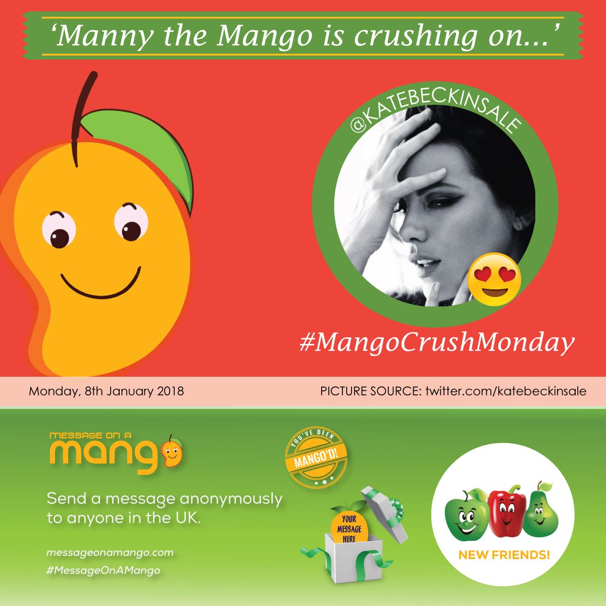 MessageOnAMango's tweet photo. You know what time it is... #MangoCrushMonday is back for this glorious 8th January. This week we are crushing on on the beautiful, and immensely talented @KateBeckinsale!
What is your favourite film that Kate has been in?
#MessageOnAMango
#MangoCrushMonday 😍 https://t.co/60y7PlZFmI