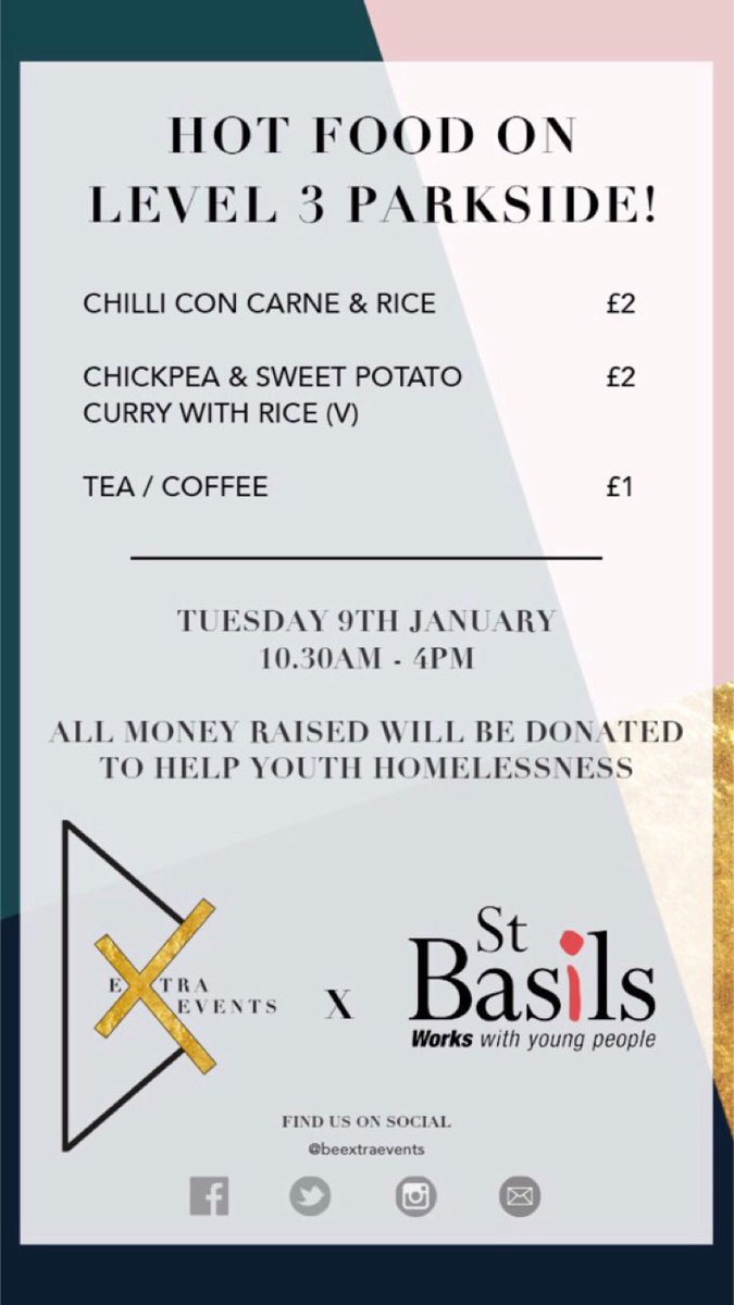 beextraevents's tweet photo. HOT FOOD ALERT! Tomorrow the Be Extra Events team will be holding a fundraising event, selling hot food and drinks on level 3 of the Parkside building! All money raised will be donated to @StBasilsCharity ... see u there! ✨ #helpthehomeless #beextraevents https://t.co/7EGJK77GVN
