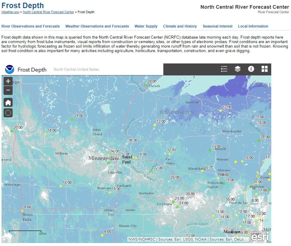 Looking for frost depth information? The North Central River Forecast Center has an interactive map with frost depths across the region: weather.gov/ncrfc/LMI_Fros… <a href="/NWSncrfc/">NWS NCRFC</a> #mnwx #wiwx