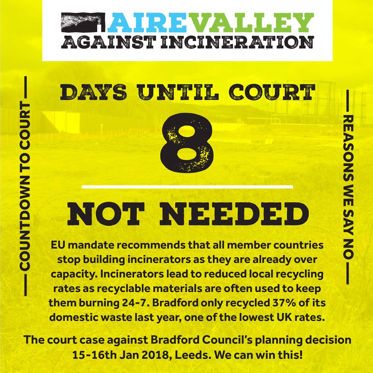 AireIncinerator's tweet photo. 8 days until our date in court against @bradfordmdc's planning decision. @kersten_england @SHinchcliffe @plumeplotter @UKWIN_Network
@CleanAirLeedsCC @HealthyAirUK @KeighleyNews
#incinerator #keighley #bingley #saltaire #shipley #skipton #ilkley #haworth
https://t.co/qmCe7Hz2w6 https://t.co/RhgMfH33Fe