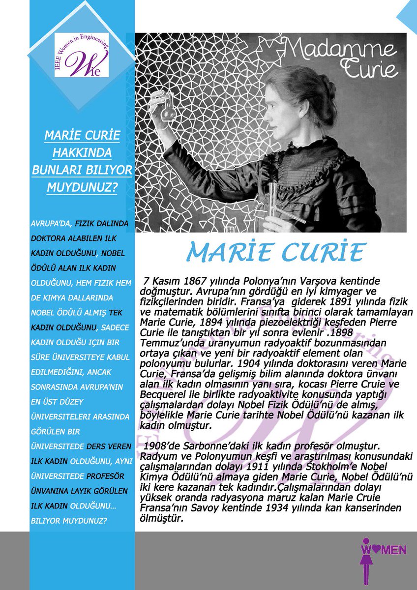 Tam adı Marie Salomea Sklodowska olan olan bilim insanı Marie Curie fizik ve kimya üzerine çalışmalar yapmıştır. 1 Kasım 1867- 4 Temmuz 1934 yılları arasında hayat sürmüş olan Curie Polonya doğumludur. İki kez Nobel ödülüne layık görülmüştür.