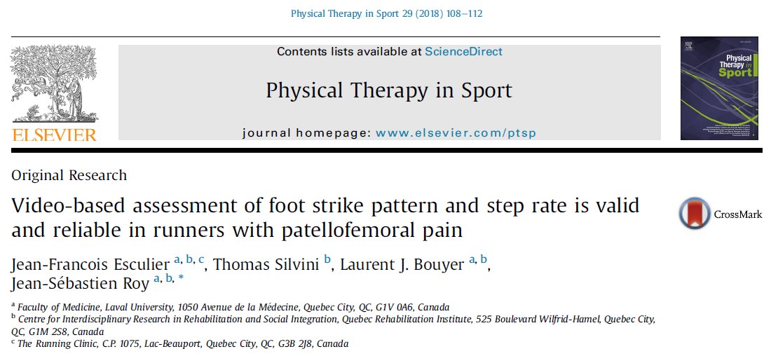 JFEsculier's tweet photo. Assessing foot strike pattern using a 2D camera &amp; step rate using an online tool in the clinic? They are valid and reliable! Our recent paper in @PTiSJournal is open access for 50 days! Follow this link --> https://t.co/AxxN50rlWW https://t.co/Jbfmwx4MYC