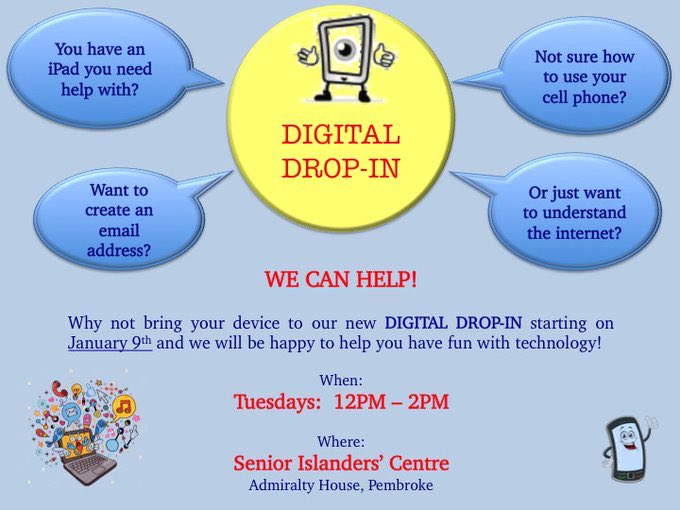 Don’t forget our DIGITAL DROP-IN tomorrow at Admiralty House from 12pm to 2pm for any seniors who need help with their device (phone, tablet etc.).  Kindly retweet!