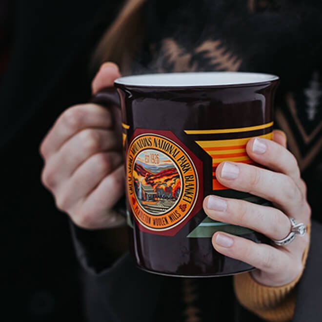 getwoodsly's tweet image. Colorful ceramic mugs are inspired by the bold colors and bright stripes of the Park Blankets. Each features a park label designed after window decals given to park visitors in the 1920s.