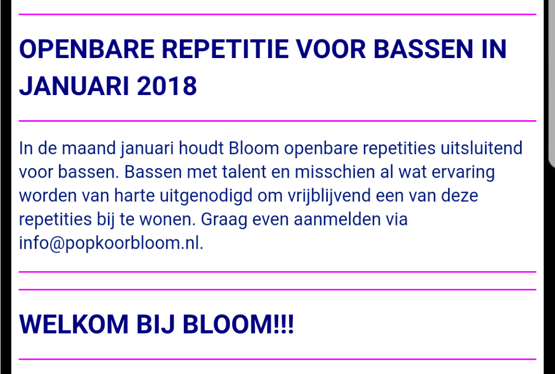PopkoorBloom3's tweet photo. LET OP!!

Bloom heeft nog enkele vacatures in de baspartij en houdt in de maanden januari en februari open repetities voor bassen. Dus trek die stoute schoenen aan en kom ons koor versterken! 

Meer informatie vind je op https://t.co/VdAaRiDzLH https://t.co/PCMiTbirak