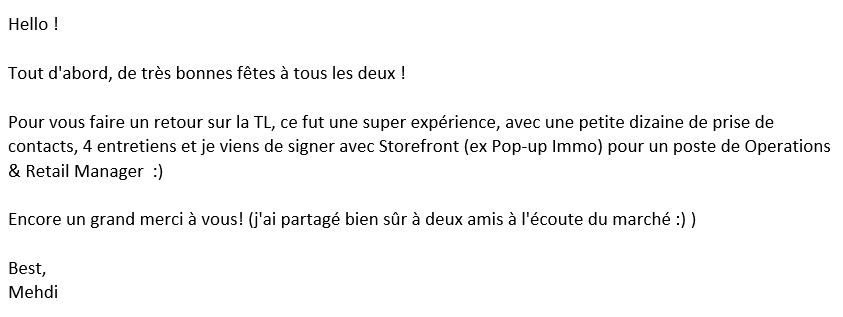 🌟 TalentLetter Effect 🌟 Merci @medelafani pour le feedback 😉 Tu veux rejoindre une startup ? &gt;&gt; talentletter.com 👌