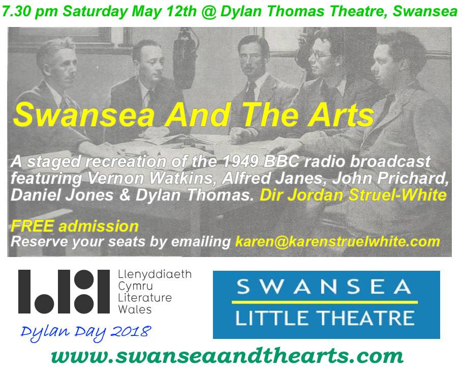 The interest in the staged performance of 'Swansea And The Arts' in May has been greater than expected. Tickets are FREE. To book your seats please email me asap: karen@karenstruelwhite.com
Updated show news and info at the website: swanseaandthearts.com at Dylan Thomas Theatre