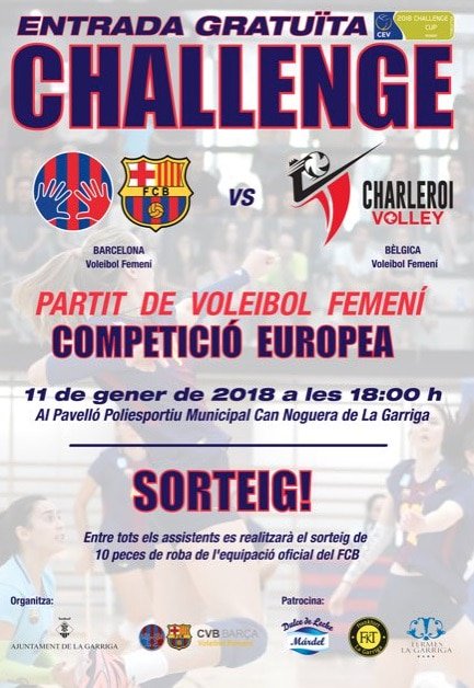 El <a href="/CVBarcelona/">CVB</a> s'enfronta, dijous 11 de gener a les 18 hores, al pavelló Can Noguera de la Garriga, al Charleroi belga en partit de Challenge Cup! L'entrada és gratuïta!!! Ajudem a les blaugrana a passar de ronda! 💪💪🏐🏐