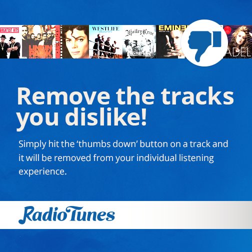 Stop hearing the songs you don’t want to hear. If there's a track you don't like, you never have to listen to it again. Simply hit the 'thumbs down' button and it will be removed from your individual listening experience.