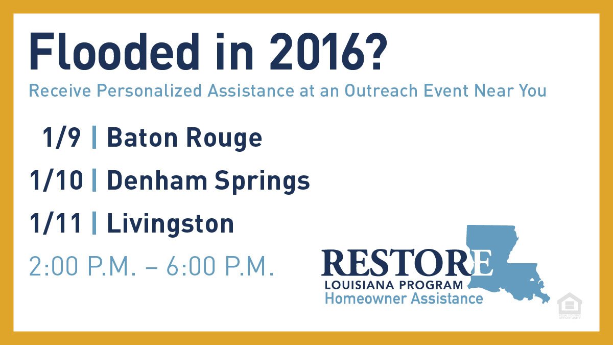 RestoreLA_gov's tweet photo. The #RestoreLA team is hosting events this week to help homeowners affected by the 2016 floods. Program representatives will be available to help homeowners complete the program application on a first-come, first-served basis from 2-6 pm. More info here: https://t.co/07JY4I4rPG https://t.co/yKDzgZjeyC