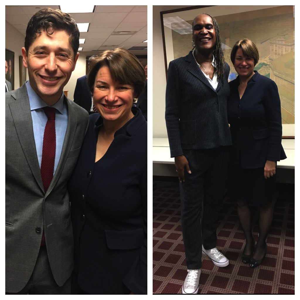 amyklobuchar's tweet photo. Congrats to Minneapolis Mayor Frey &amp; Council being sworn in today. Here I am w Mayor @Jacob_Frey &amp; new Member Andrea Jenkins (@annapoetic). Told Andrea her shoes look great, but if she visits me, they don’t allow sparkly silver tennis shoes on Senate floor… maybe they should. https://t.co/iuMarmSg09