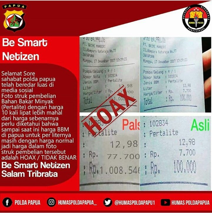 cyber08964's tweet photo. Pengedit dan penyebar berita hoak harga bbm dpapua alhamdulillah sdh dtangakp pihak kepolisian.. Berantas terus smpe keakarnya. Cc @P3nj3l4j4h @Takviri @triwul82 @makLambeTurah @PartaiSocmed @hansjedi671 @GunRomli @addiems https://t.co/5BB8jafBdW