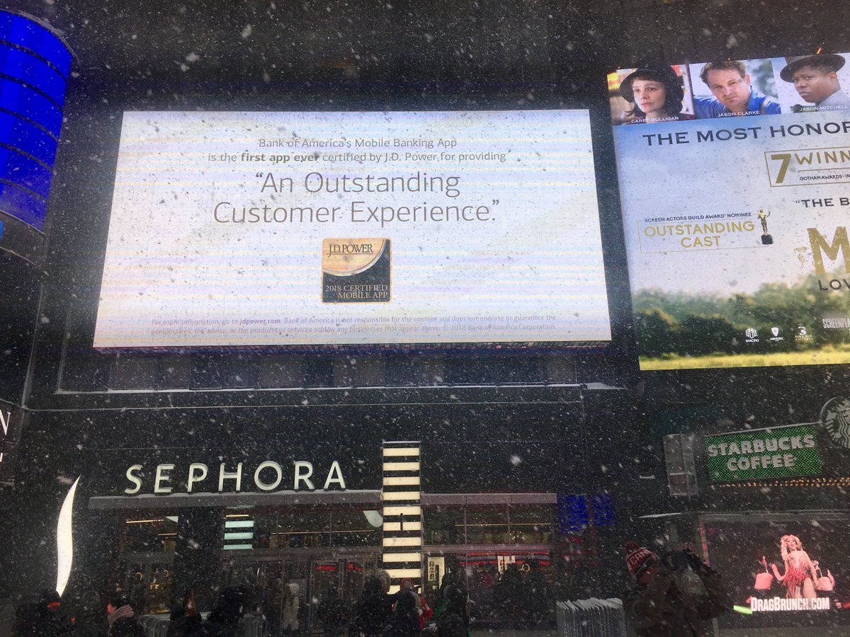 JDPower's tweet photo. It's snowy in New York, but @BofA_News still celebrated their J.D. Power Mobile App Certification in a big way, through an ad in Times Square! 
Congrats to the Bank of America team #JDPowerCertified https://t.co/DohPhWySwu