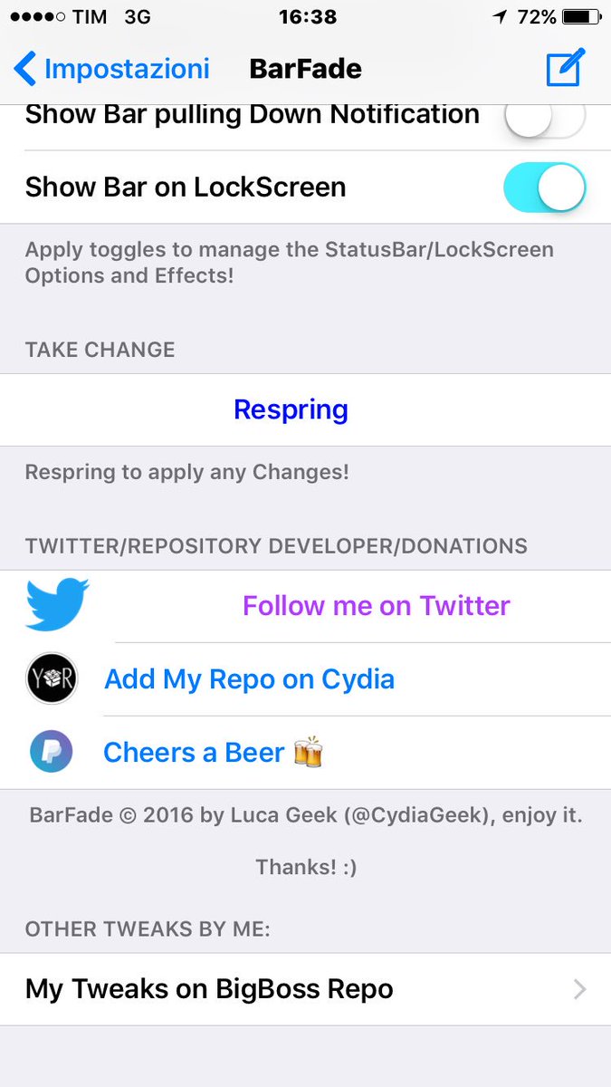 CydiaGeek's tweet photo. #BarFade new version on the way on #BigBoss ASAP! Enjoy ๐ ๐ค
Version 1.2.5
- Added the option to Hide the Clock on System Wide (Everywhere).
- Added the Label to Check Other Tweaks by Me on BigBoss Repo. https://t.co/1DFtnQnlJg