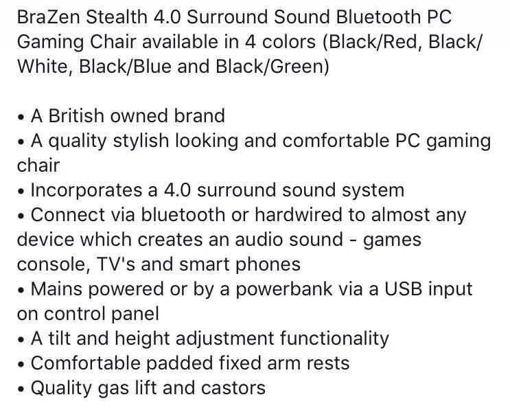 brazen_chairs's tweet photo. BraZen Stealth 4.0 Surround Sound Bluetooth PC Gaming Chair available in 4 colors (Black/Red, Black/White, Black/Blue and Black/Green) https://t.co/0S5FXapTJ6